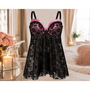 Women's Black Pink Lace Babydoll Chemise Lingerie Underwire Plus Size 18/20